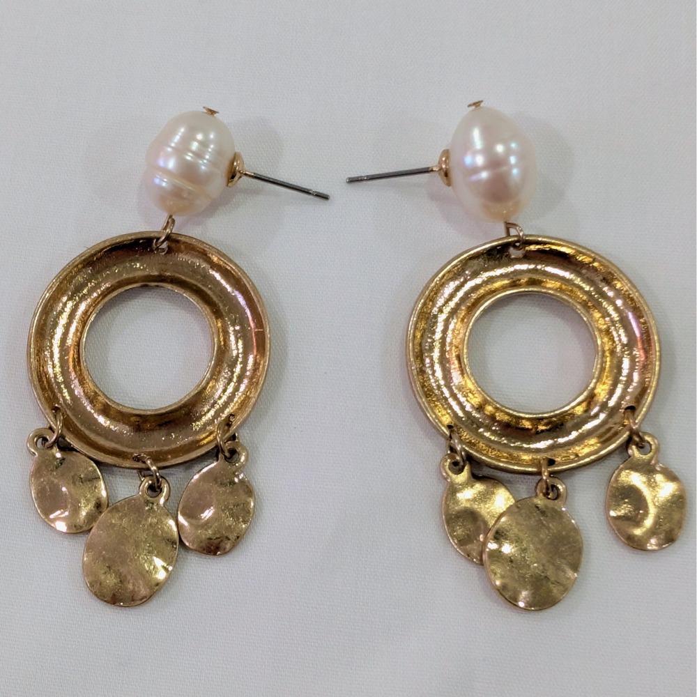 Vintage Baroque Freshwater Pearl With Hammered Gold Dangle Earrings 2" - Picture 5 of 7